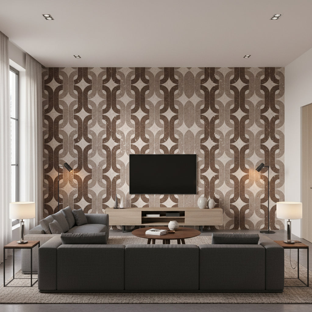 Porto Elo - Labrusca Linen | Maya Romanoff - Living Room Visualization (AI-generated, may not be to scale. Verify pattern scale with product specifications.)