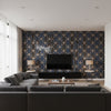 Porto Elo - Bacchus Blue | Maya Romanoff - Living Room Visualization (AI-generated, may not be to scale. Verify pattern scale with product specifications.)