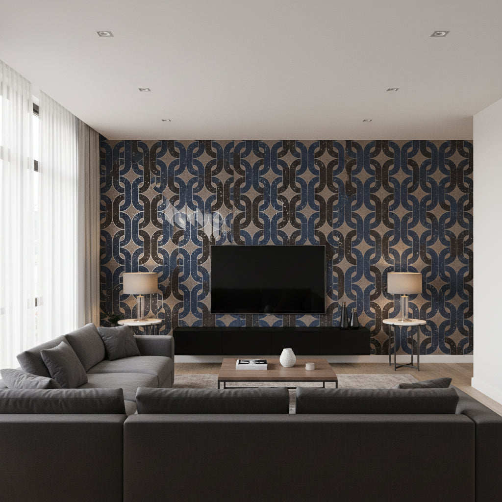 Porto Elo - Bacchus Blue | Maya Romanoff - Living Room Visualization (AI-generated, may not be to scale. Verify pattern scale with product specifications.)