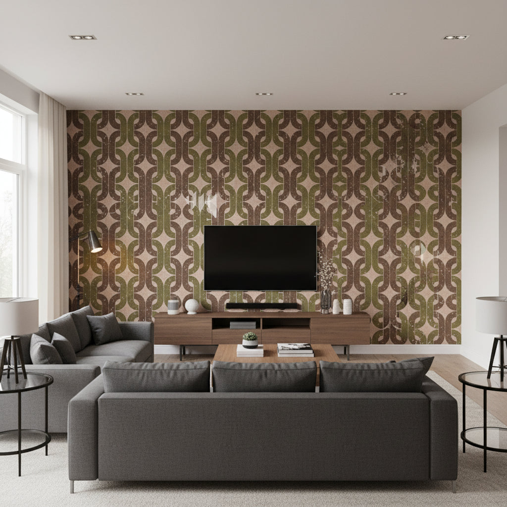 Porto Elo - Green Grenache | Maya Romanoff - Living Room Visualization (AI-generated, may not be to scale. Verify pattern scale with product specifications.)