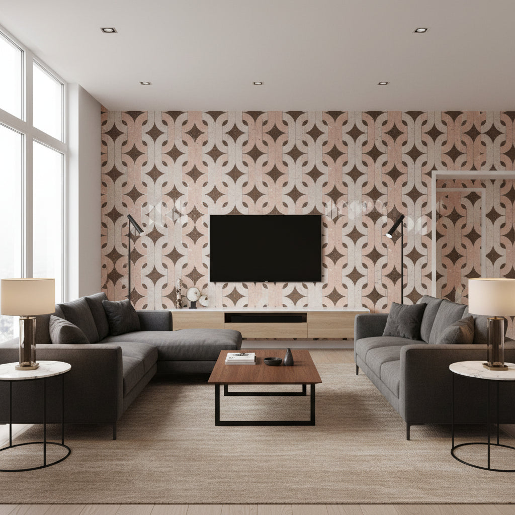 Porto Elo - Rosé Reserve | Maya Romanoff - Living Room Visualization (AI-generated, may not be to scale. Verify pattern scale with product specifications.)