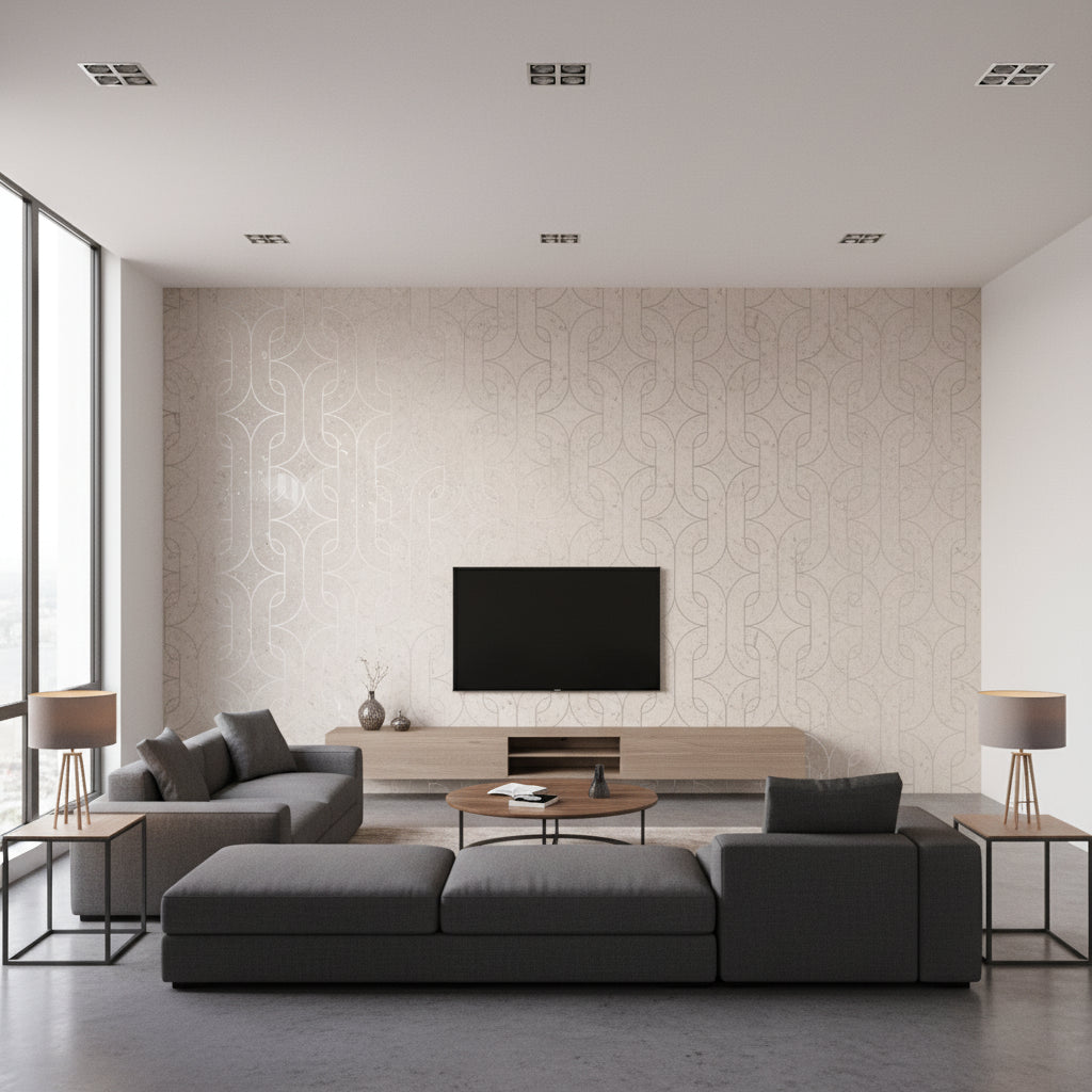 Porto Elo - Sauvignon Blanc | Maya Romanoff - Living Room Visualization (AI-generated, may not be to scale. Verify pattern scale with product specifications.)