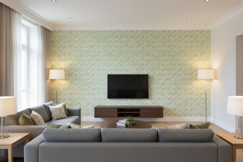 Pipes Lime - Living Room Visualization (AI-generated, may not be to scale. Verify pattern scale with product specifications.)