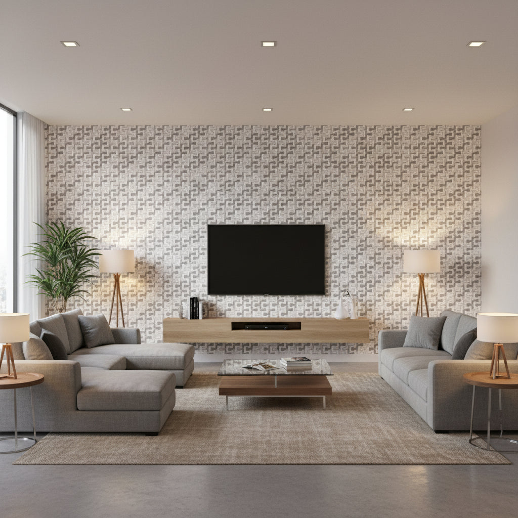 Pipes Silver - Living Room Visualization (AI-generated, may not be to scale. Verify pattern scale with product specifications.)