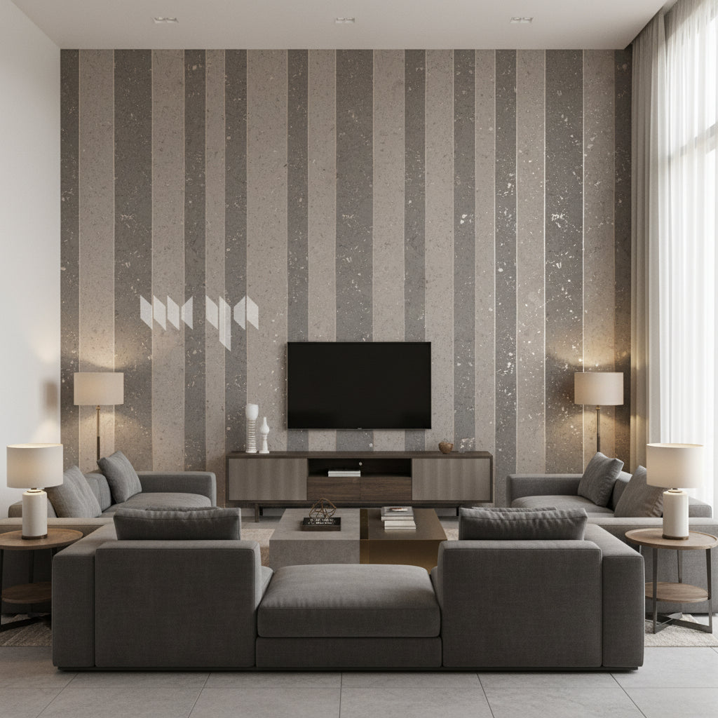 Porto Lino Gray Bouquet | Maya Romanoff - Living Room Visualization (AI-generated, may not be to scale. Verify pattern scale with product specifications.)