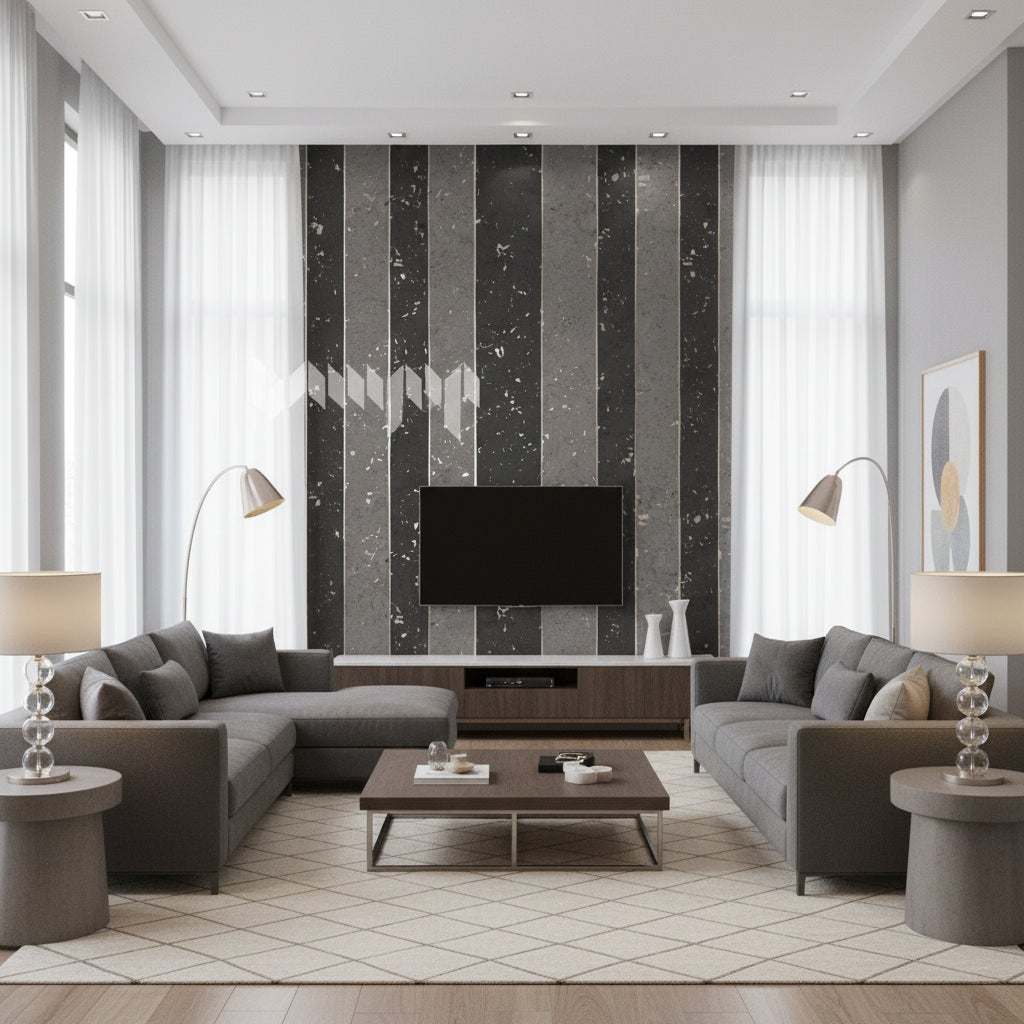 Porto Lino Syrah Slate | Maya Romanoff - Living Room Visualization (AI-generated, may not be to scale. Verify pattern scale with product specifications.)