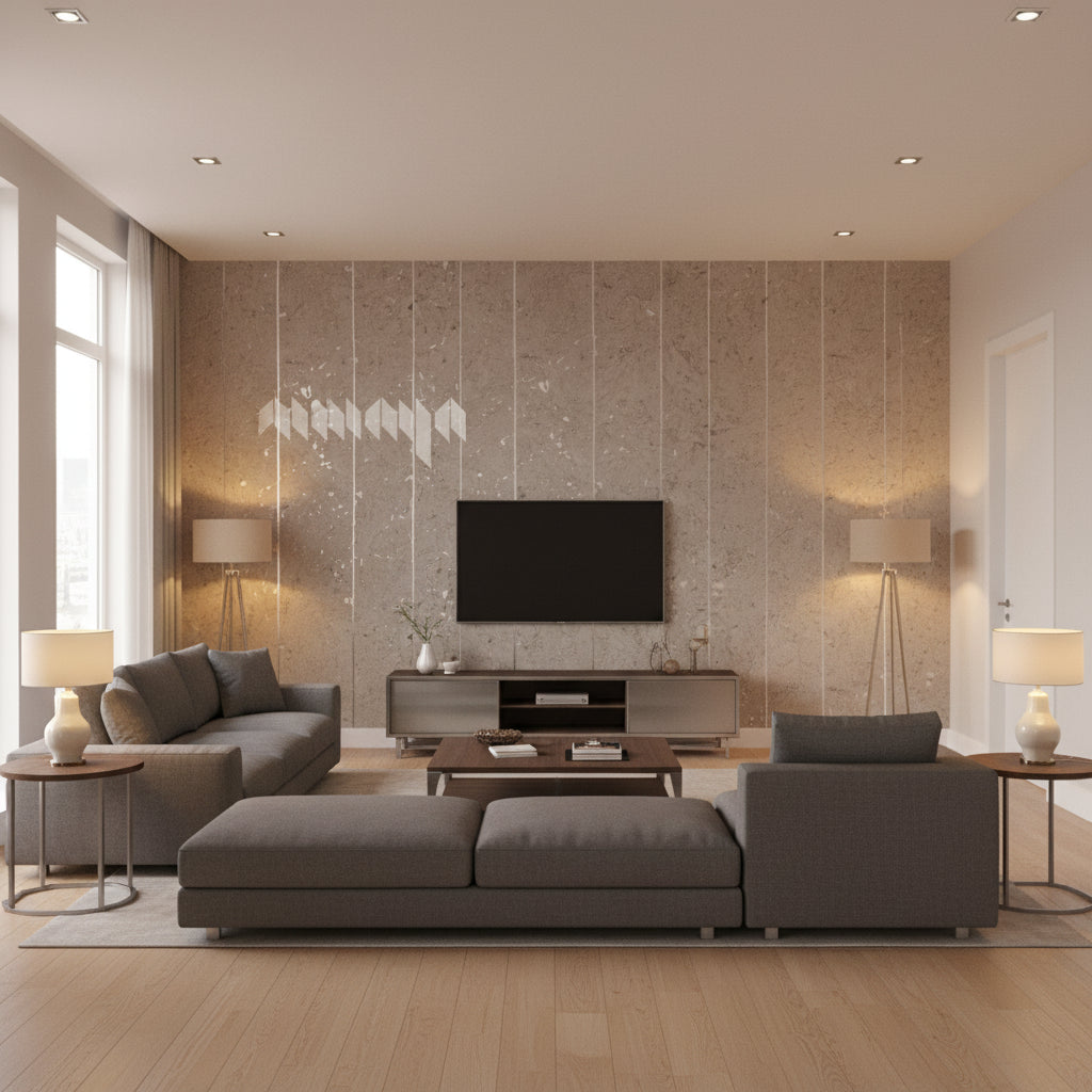 Porto Lino Gamay Gray | Maya Romanoff - Living Room Visualization (AI-generated, may not be to scale. Verify pattern scale with product specifications.)