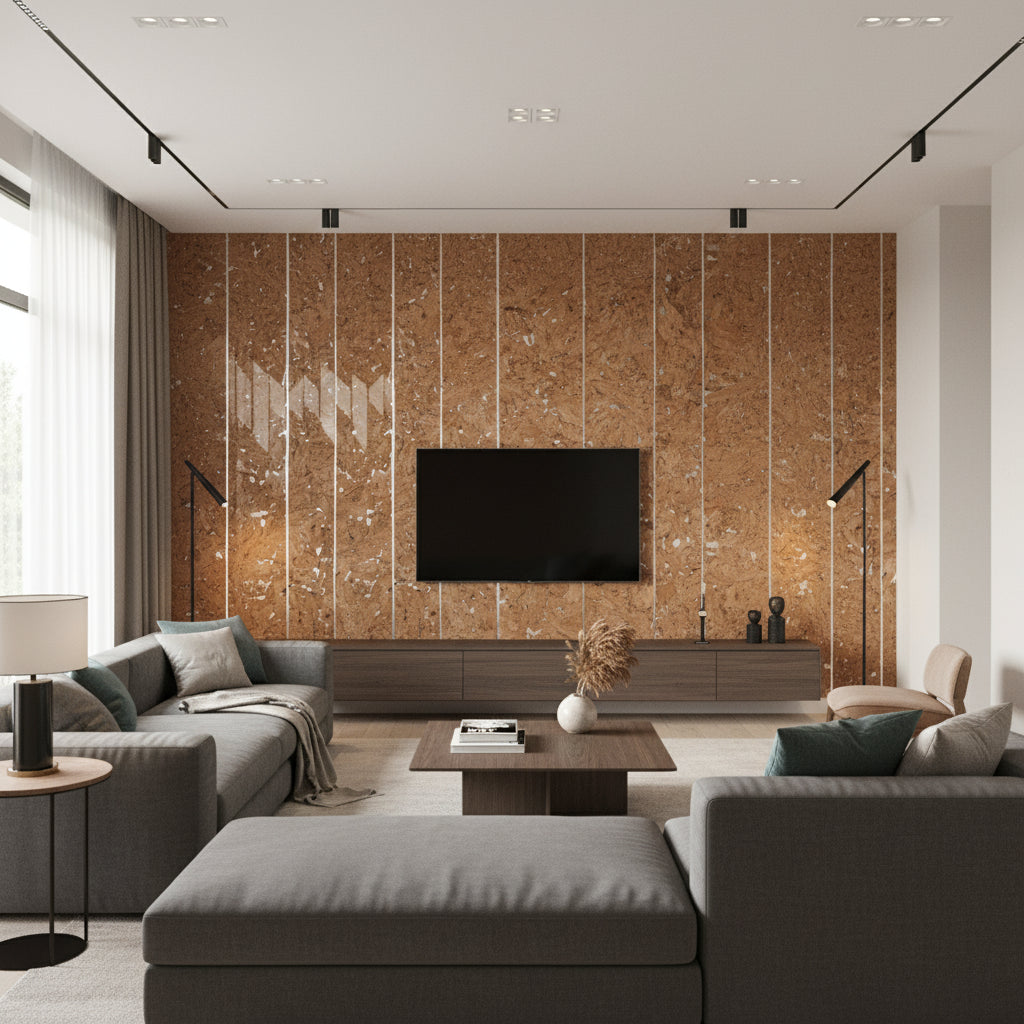 Porto Lino Nebbiolo Natural | Maya Romanoff - Living Room Visualization (AI-generated, may not be to scale. Verify pattern scale with product specifications.)