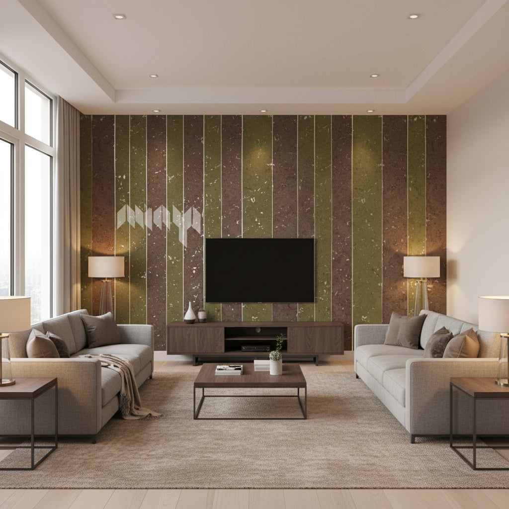Porto Lino Green Grenache | Maya Romanoff - Living Room Visualization (AI-generated, may not be to scale. Verify pattern scale with product specifications.)