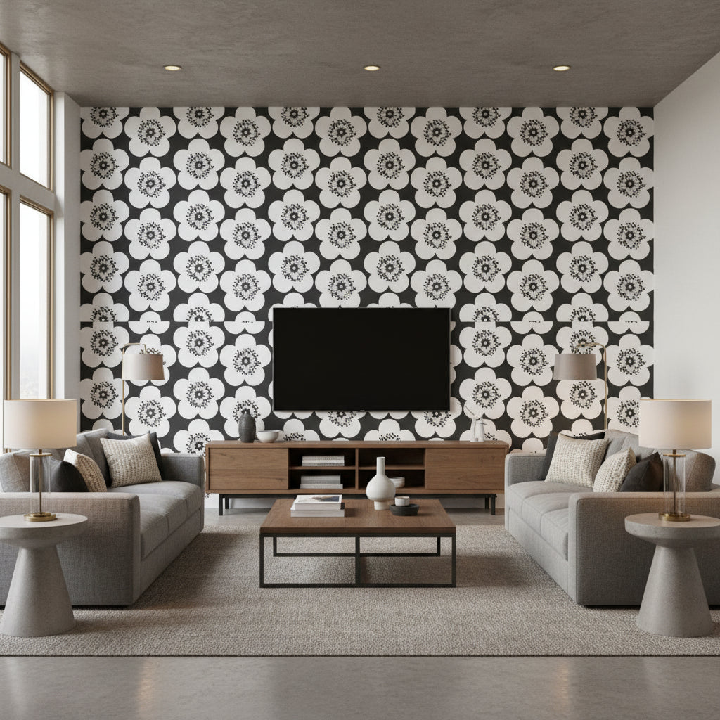 Pop Floral Charcoal - Living Room Visualization (AI-generated, may not be to scale. Verify pattern scale with product specifications.)