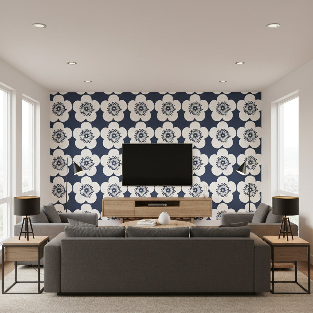 Pop Floral Ink - Living Room Visualization (AI-generated, may not be to scale. Verify pattern scale with product specifications.)
