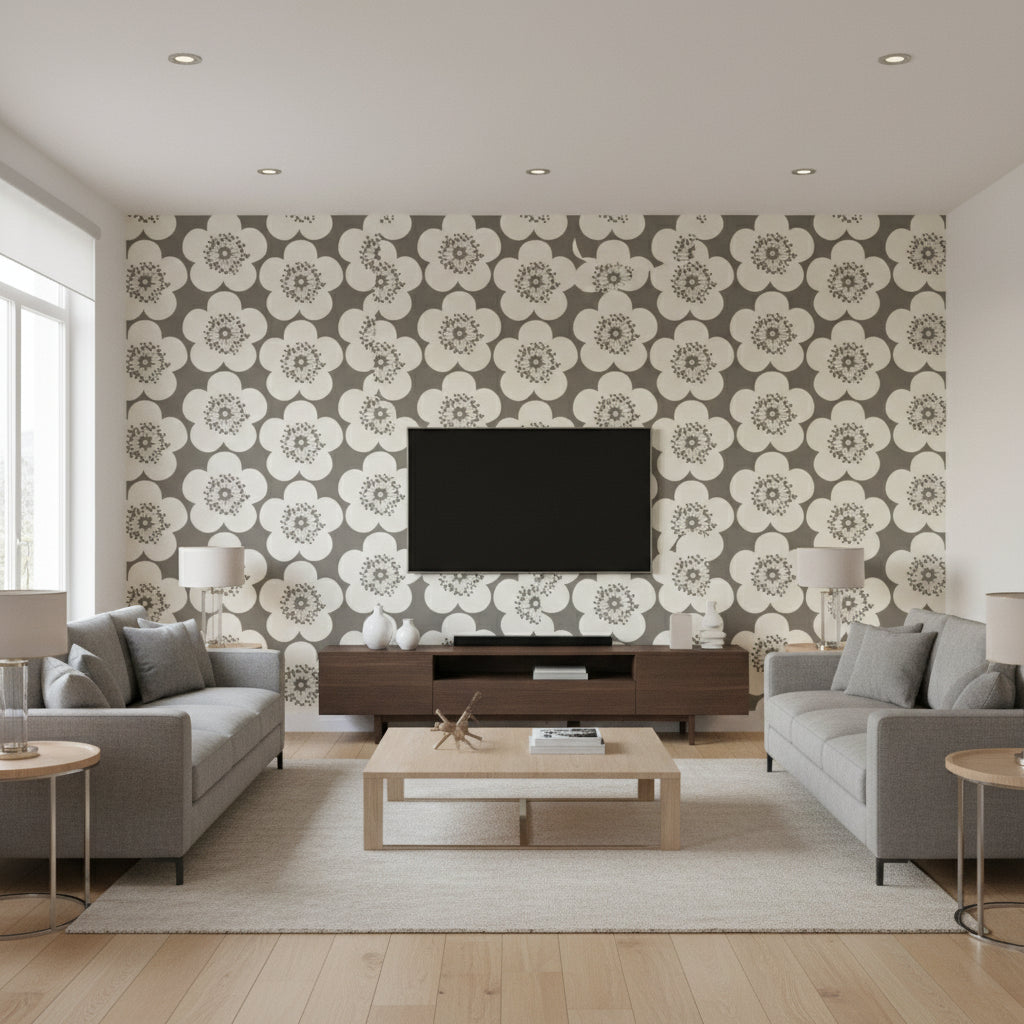 Pop Floral Taupe - Living Room Visualization (AI-generated, may not be to scale. Verify pattern scale with product specifications.)