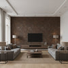 Porto Sólido Bodega Brown | Maya Romanoff - Living Room Visualization (AI-generated, may not be to scale. Verify pattern scale with product specifications.)