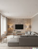 Postcards from Europe - Buff Cream - Living Room Visualization (AI-generated, may not be to scale. Verify pattern scale with product specifications.)