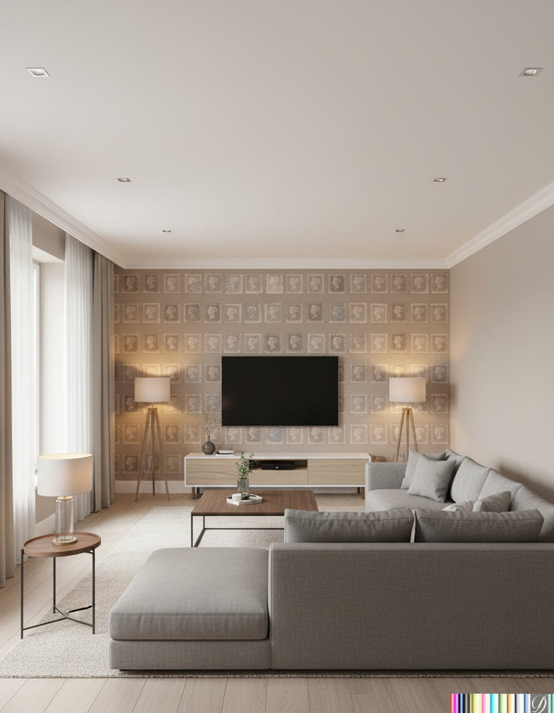 Postcards from Europe - Buff Cream - Living Room Visualization (AI-generated, may not be to scale. Verify pattern scale with product specifications.)