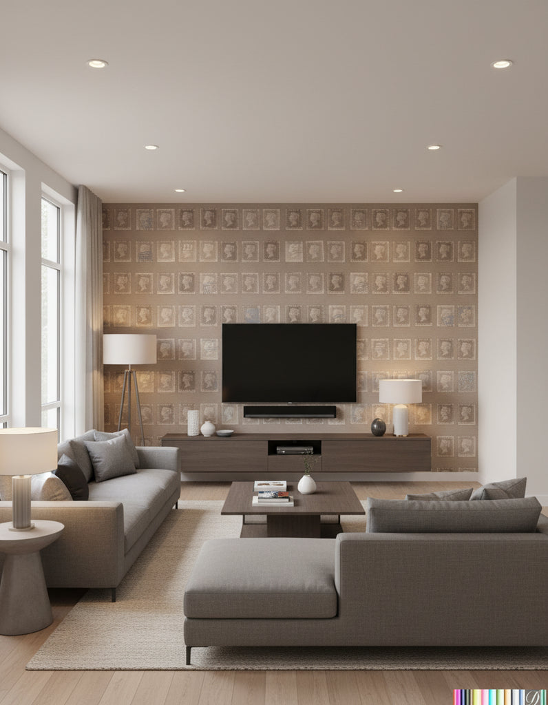Postcards from Europe - Buff Cream - Living Room Visualization (AI-generated, may not be to scale. Verify pattern scale with product specifications.)