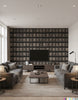 Postcards from Europe - Charcoal Grey - Living Room Visualization (AI-generated, may not be to scale. Verify pattern scale with product specifications.)