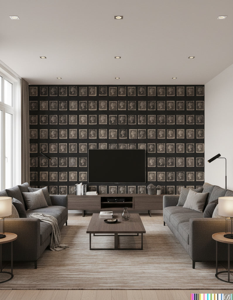 Postcards from Europe - Charcoal Grey - Living Room Visualization (AI-generated, may not be to scale. Verify pattern scale with product specifications.)