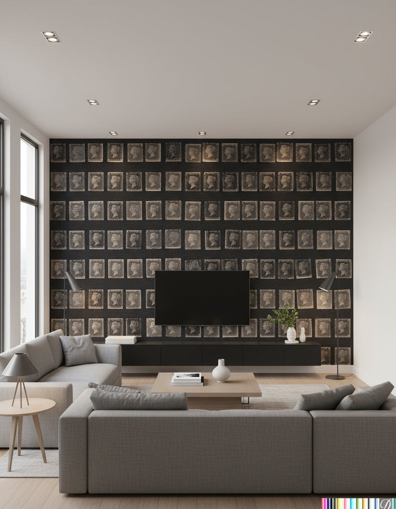Postcards from Europe - Charcoal Grey - Living Room Visualization (AI-generated, may not be to scale. Verify pattern scale with product specifications.)