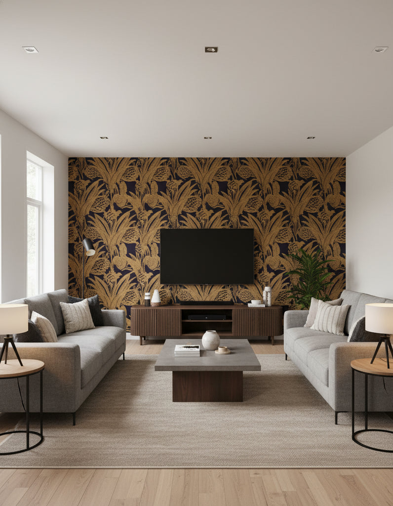 Puget's Pineapple - Living Room Visualization (AI-generated, may not be to scale. Verify pattern scale with product specifications.)