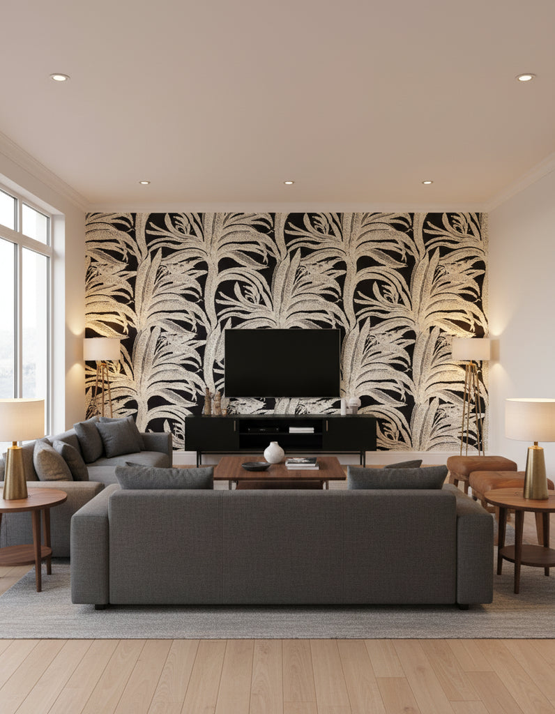 Puget's Pineapple - Living Room Visualization (AI-generated, may not be to scale. Verify pattern scale with product specifications.)
