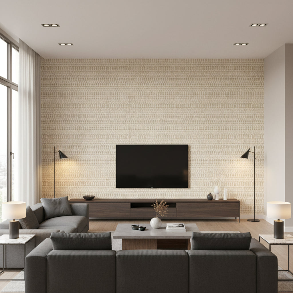 Raffia Ii Dans Le Souffle Du Vent | Elitis - Living Room Visualization (AI-generated, may not be to scale. Verify pattern scale with product specifications.)