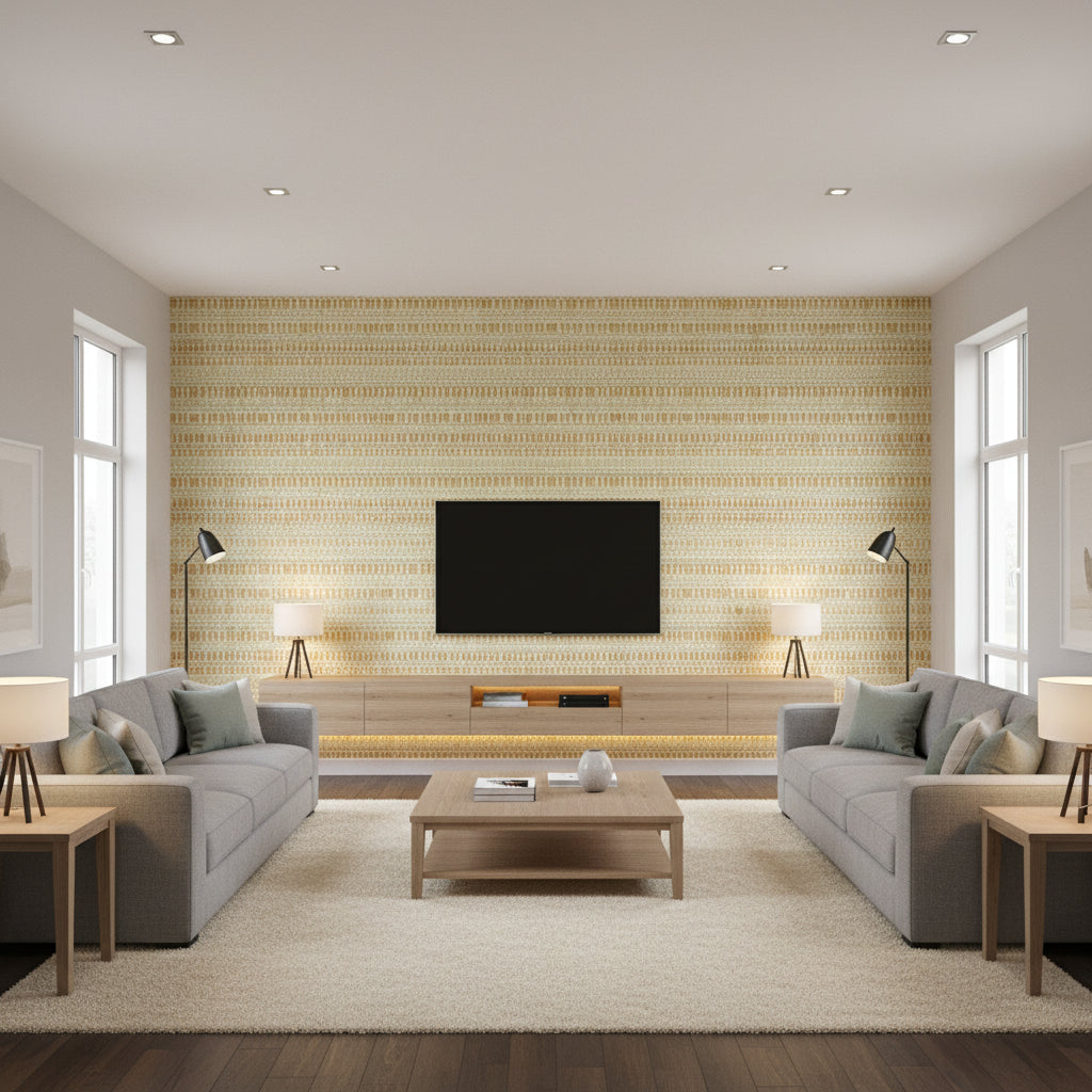 Raffia Ii Une Discrète Élégance | Elitis - Living Room Visualization (AI-generated, may not be to scale. Verify pattern scale with product specifications.)