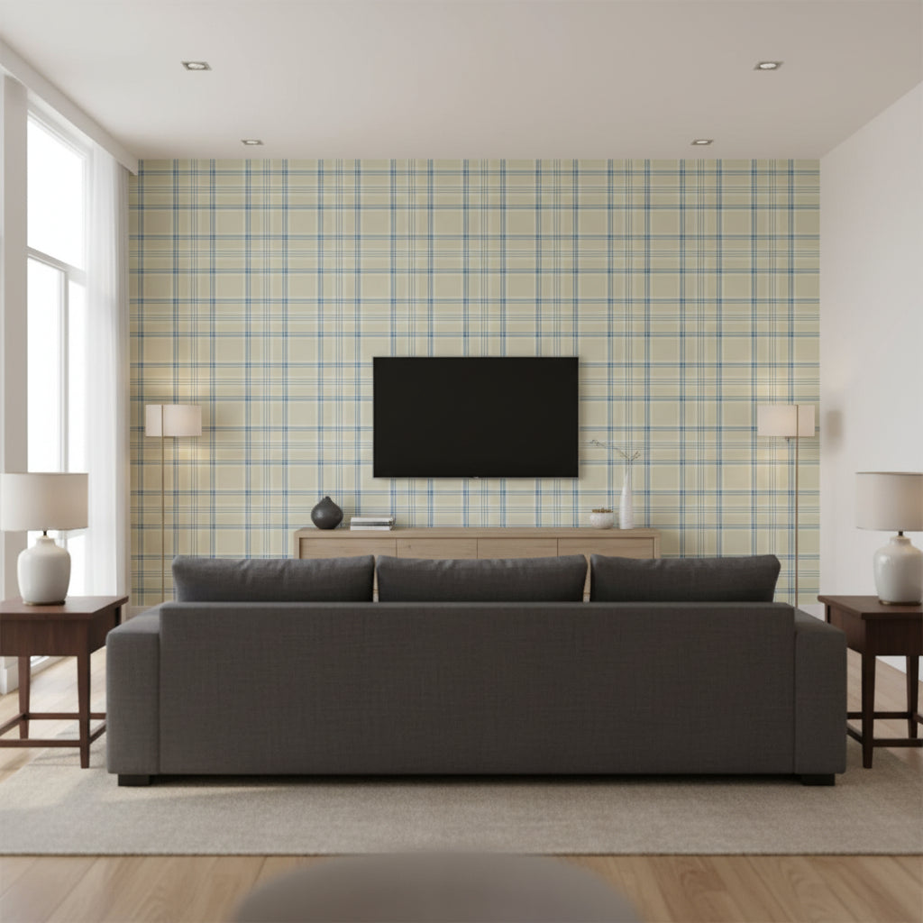 Deerpath Trail Plaid Slate | Ralph Lauren - Living Room Visualization (AI-generated, may not be to scale. Verify pattern scale with product specifications.)