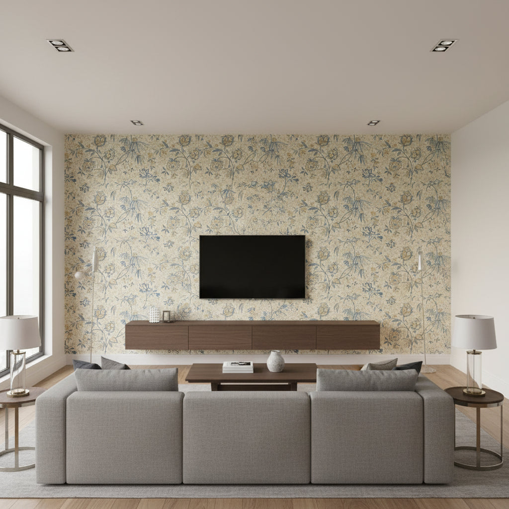 Pillar Point Floral Dew Wallcovering | Ralph Lauren - Living Room Visualization (AI-generated, may not be to scale. Verify pattern scale with product specifications.)