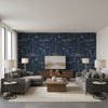 Boat Blueprint White On Dark Blue Wallcovering | Ralph Lauren - Living Room Visualization (AI-generated, may not be to scale. Verify pattern scale with product specifications.)