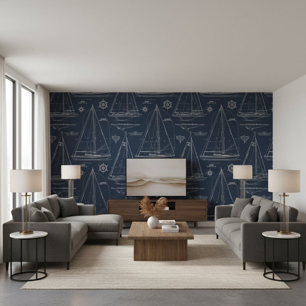 Boat Blueprint White On Dark Blue Wallcovering | Ralph Lauren - Living Room Visualization (AI-generated, may not be to scale. Verify pattern scale with product specifications.)