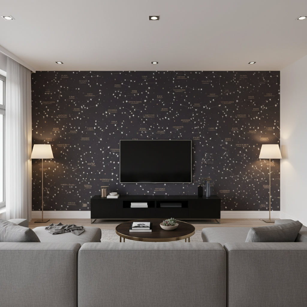 Starry Stars Sky Black Wallcovering | Ralph Lauren - Living Room Visualization (AI-generated, may not be to scale. Verify pattern scale with product specifications.)