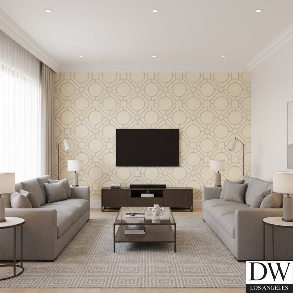 Rebun Island Lattice Trellis | Architectural Wallcoverings - Living Room Visualization (AI-generated, may not be to scale. Verify pattern scale with product specifications.)