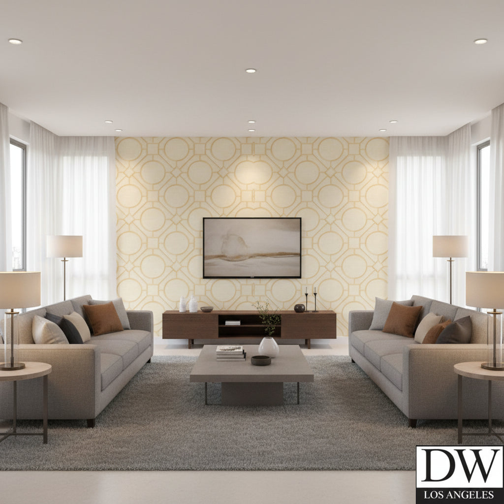 Rebun Island Lattice Trellis | Architectural Wallcoverings - Living Room Visualization (AI-generated, may not be to scale. Verify pattern scale with product specifications.)