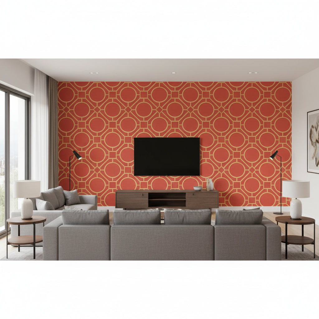 Rebun Island Lattice Trellis | Architectural Wallcoverings - Living Room Visualization (AI-generated, may not be to scale. Verify pattern scale with product specifications.)