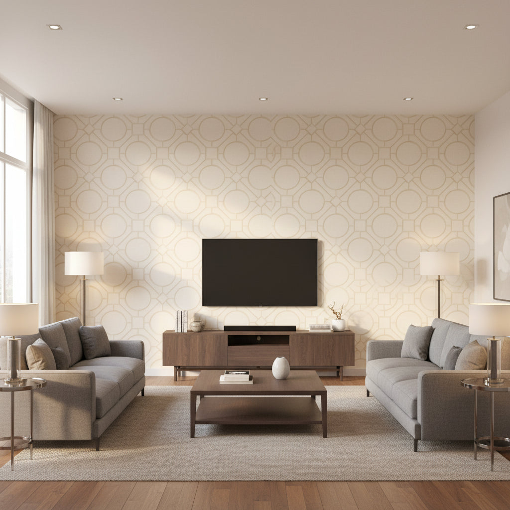 Rebun Island Lattice Trellis | Architectural Wallcoverings - Living Room Visualization (AI-generated, may not be to scale. Verify pattern scale with product specifications.)