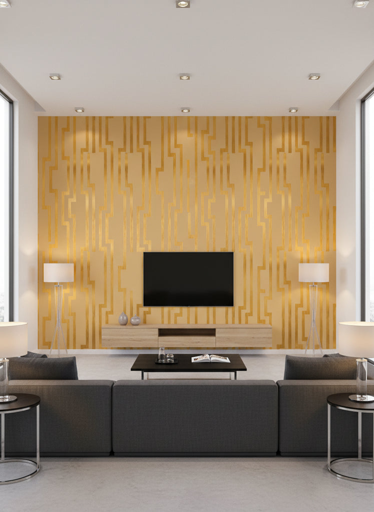 Regal Lattice - Screen Printed Wallcovering - Living Room Visualization (AI-generated, may not be to scale. Verify pattern scale with product specifications.)