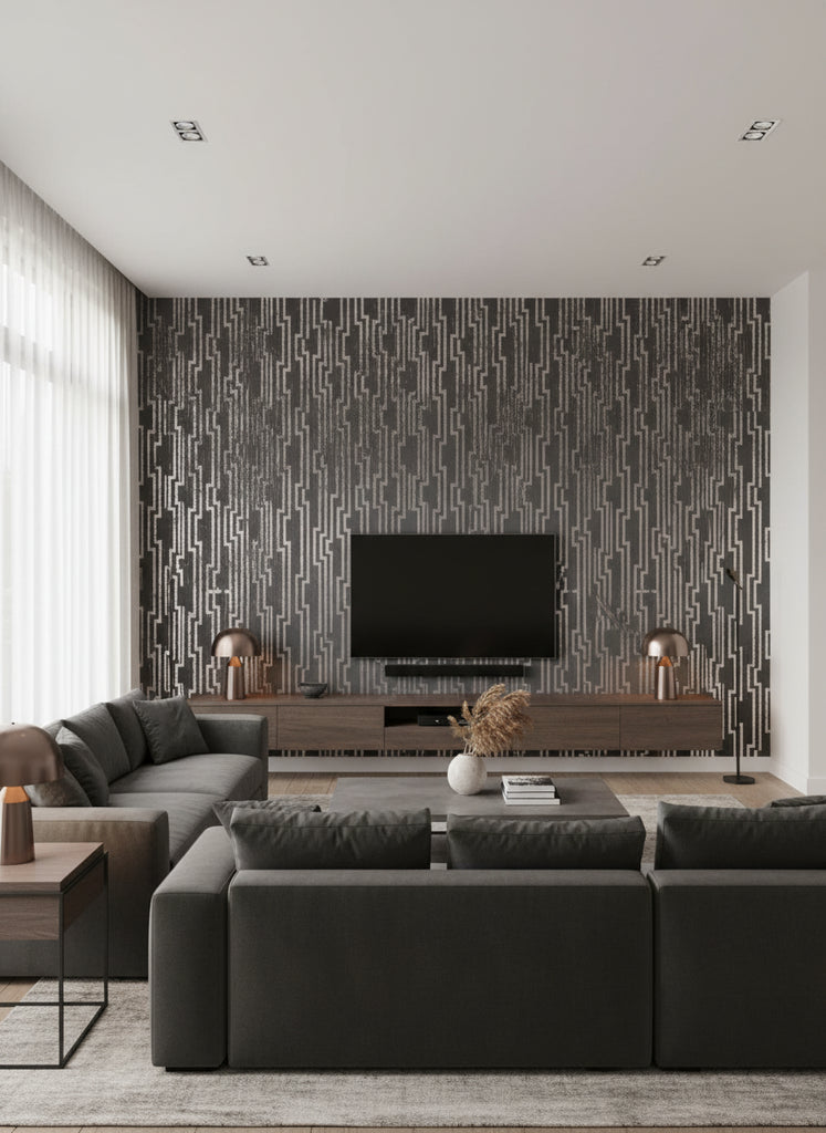 Regal Lattice - Screen Printed Wallcovering - Living Room Visualization (AI-generated, may not be to scale. Verify pattern scale with product specifications.)