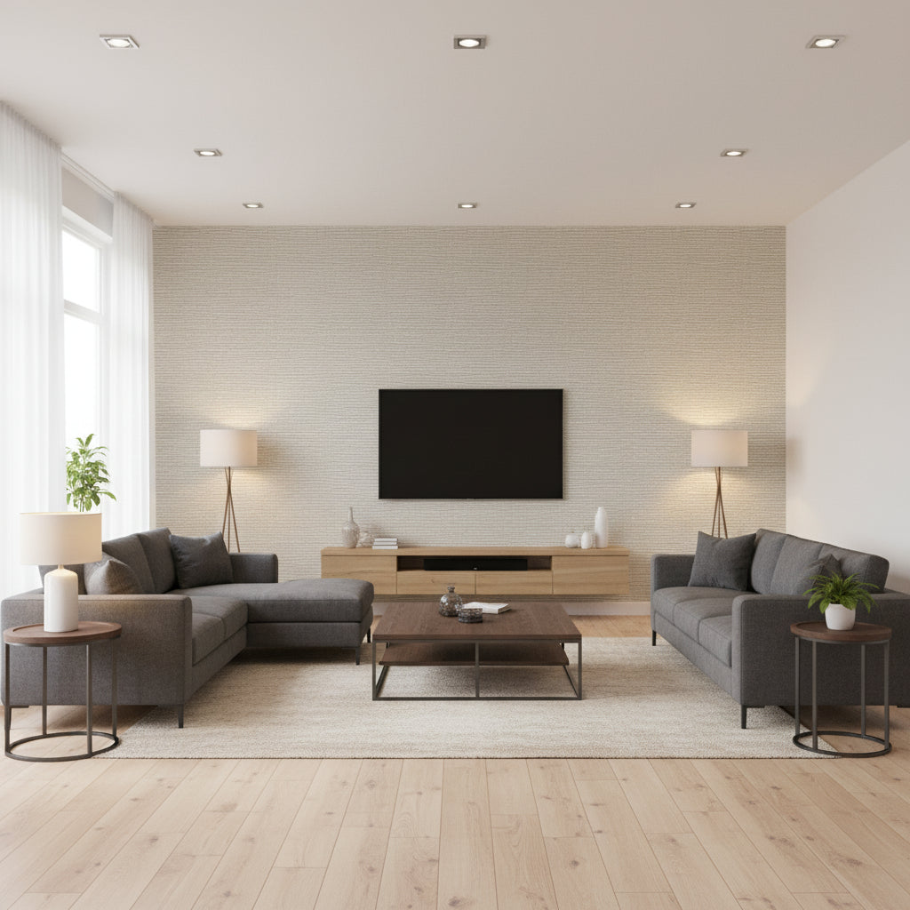 Regal Trellis - A Sophisticated Lattice/Trellis Wallcovering Screen - Living Room Visualization (AI-generated, may not be to scale. Verify pattern scale with product specifications.)