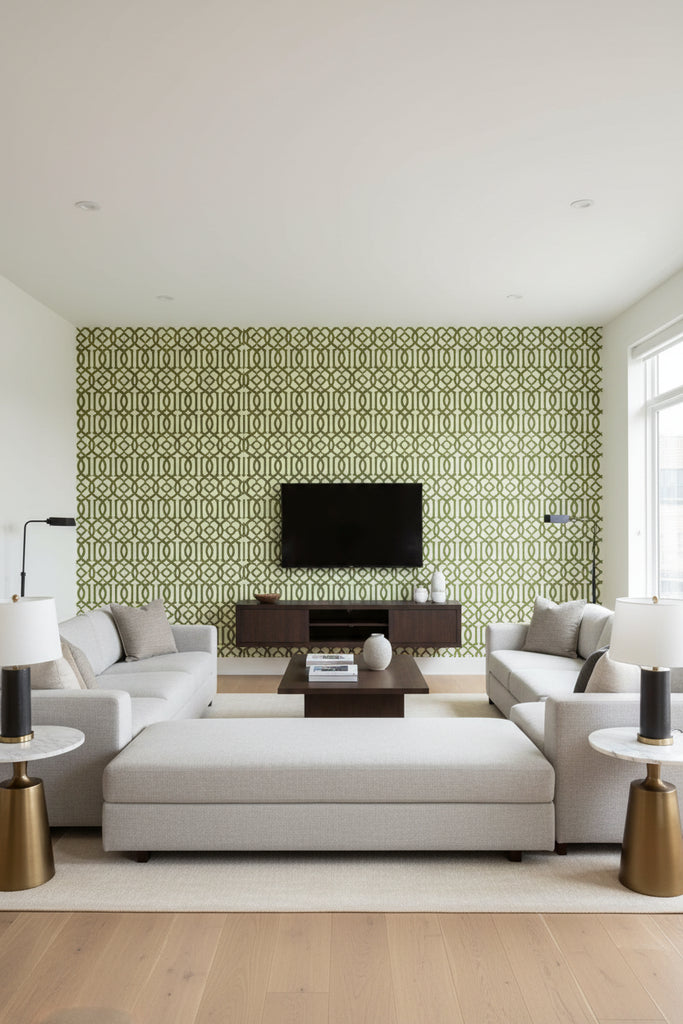 Regal Trellis - A Sophisticated Lattice/Trellis Wallcovering Screen - Living Room Visualization (AI-generated, may not be to scale. Verify pattern scale with product specifications.)