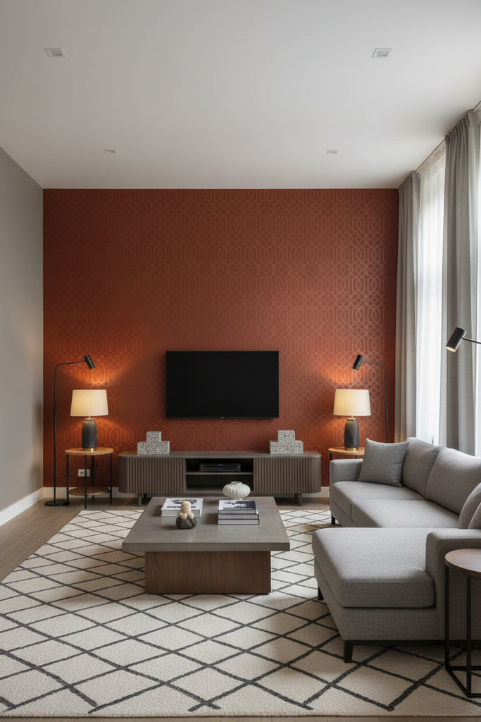 Regal Trellis - A Sophisticated Lattice/Trellis Wallcovering Screen - Living Room Visualization (AI-generated, may not be to scale. Verify pattern scale with product specifications.)