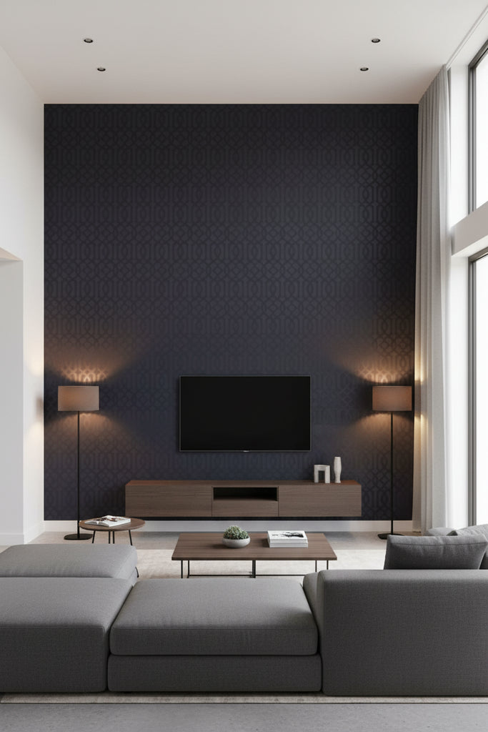 Regal Trellis - A Sophisticated Lattice/Trellis Wallcovering Screen - Living Room Visualization (AI-generated, may not be to scale. Verify pattern scale with product specifications.)
