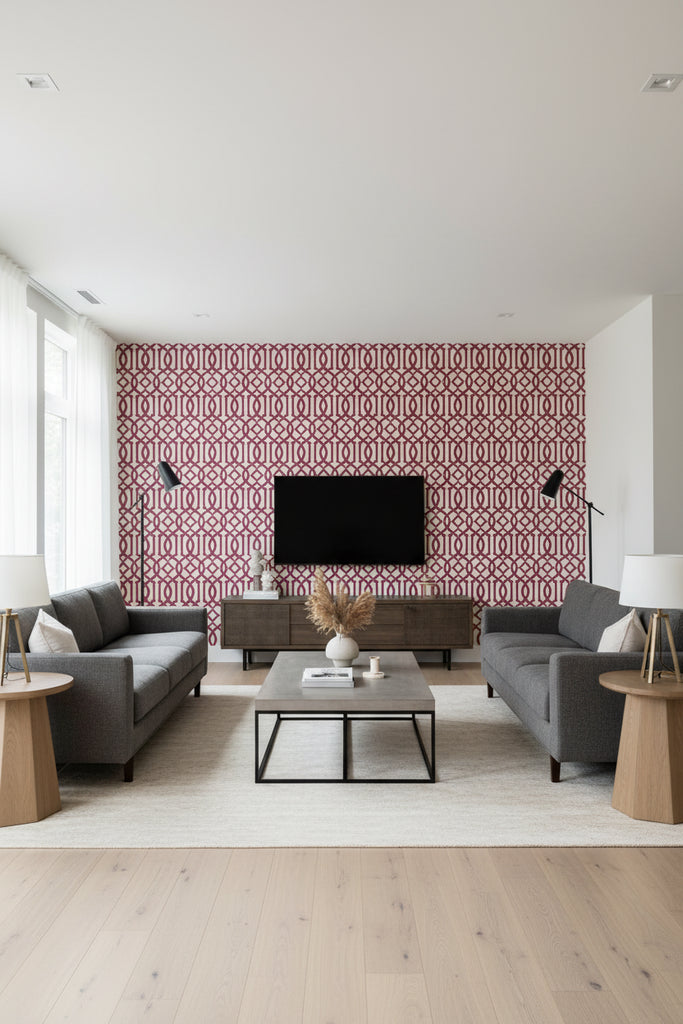 Regal Trellis - A Sophisticated Lattice/Trellis Wallcovering Screen - Living Room Visualization (AI-generated, may not be to scale. Verify pattern scale with product specifications.)