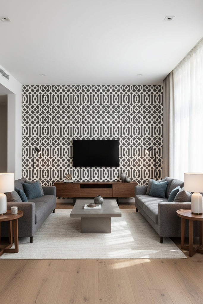 Regal Trellis - A Sophisticated Lattice/Trellis Wallcovering Screen - Living Room Visualization (AI-generated, may not be to scale. Verify pattern scale with product specifications.)