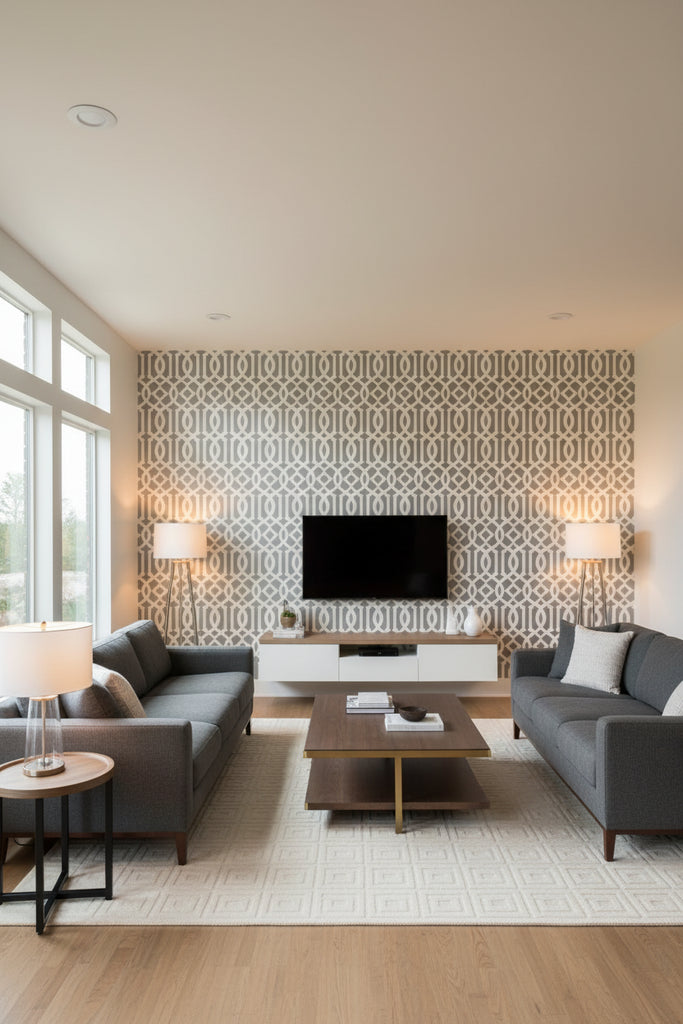 Regal Trellis - A Sophisticated Lattice/Trellis Wallcovering Screen - Living Room Visualization (AI-generated, may not be to scale. Verify pattern scale with product specifications.)