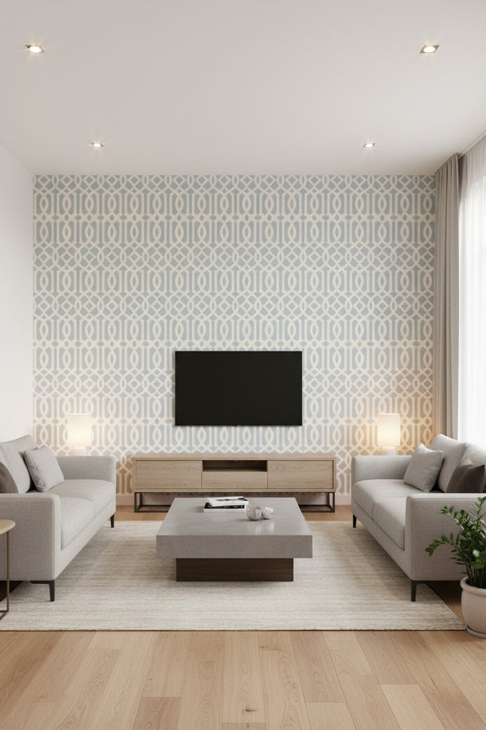 Regal Trellis - A Sophisticated Lattice/Trellis Wallcovering Screen - Living Room Visualization (AI-generated, may not be to scale. Verify pattern scale with product specifications.)