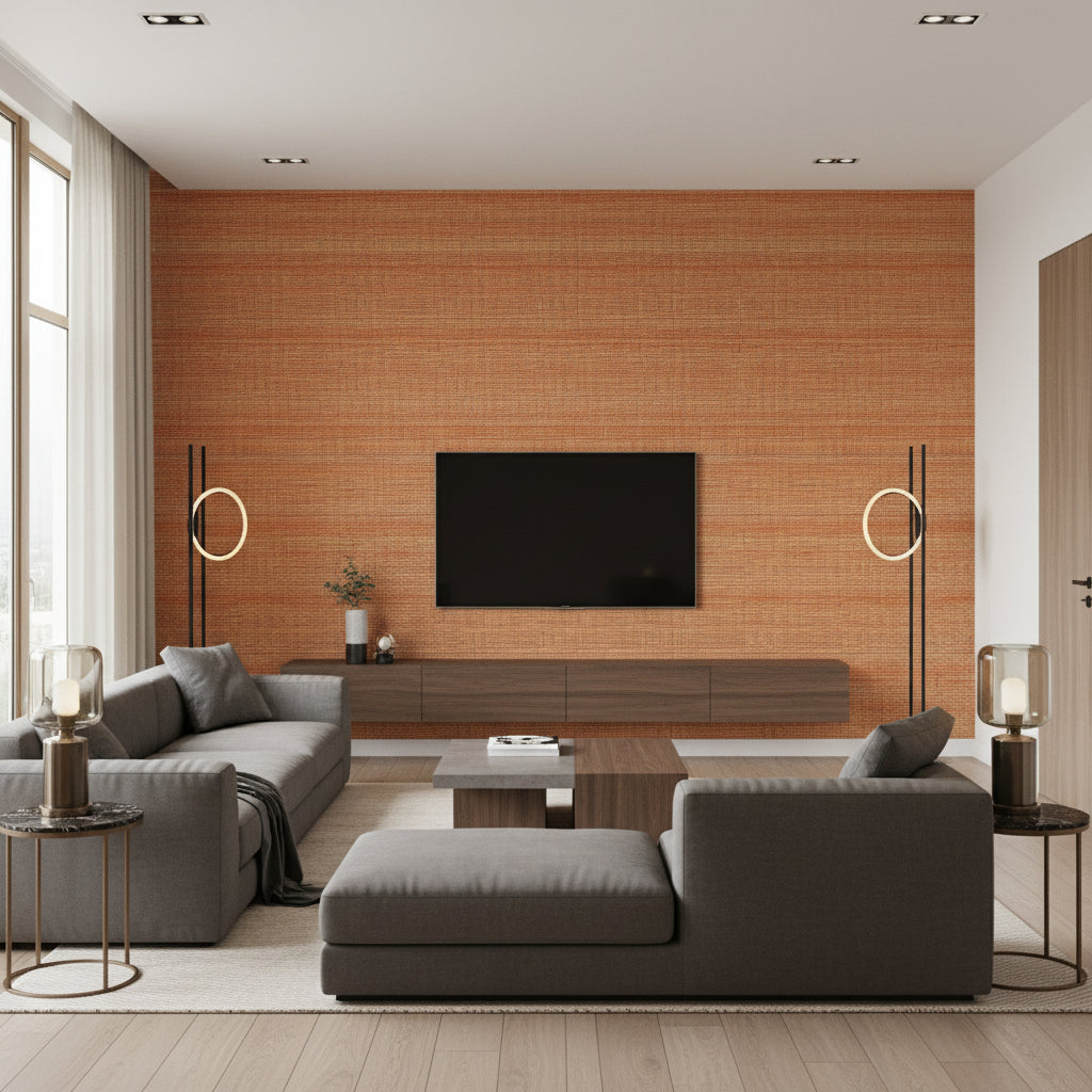 Rhéa Sur Les Bords Du Nil | Elitis - Living Room Visualization (AI-generated, may not be to scale. Verify pattern scale with product specifications.)