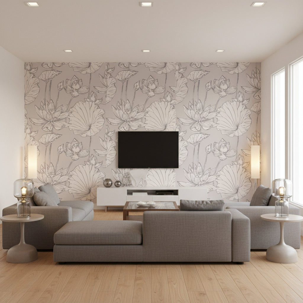 Rishiri Island Tropical Lilly | Architectural Wallcoverings - Living Room Visualization (AI-generated, may not be to scale. Verify pattern scale with product specifications.)