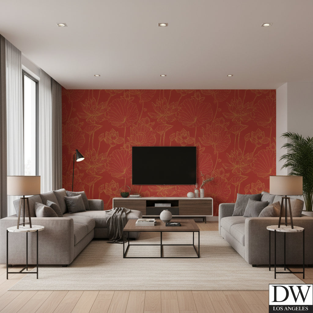 Rishiri Island Tropical Lilly | Architectural Wallcoverings - Living Room Visualization (AI-generated, may not be to scale. Verify pattern scale with product specifications.)