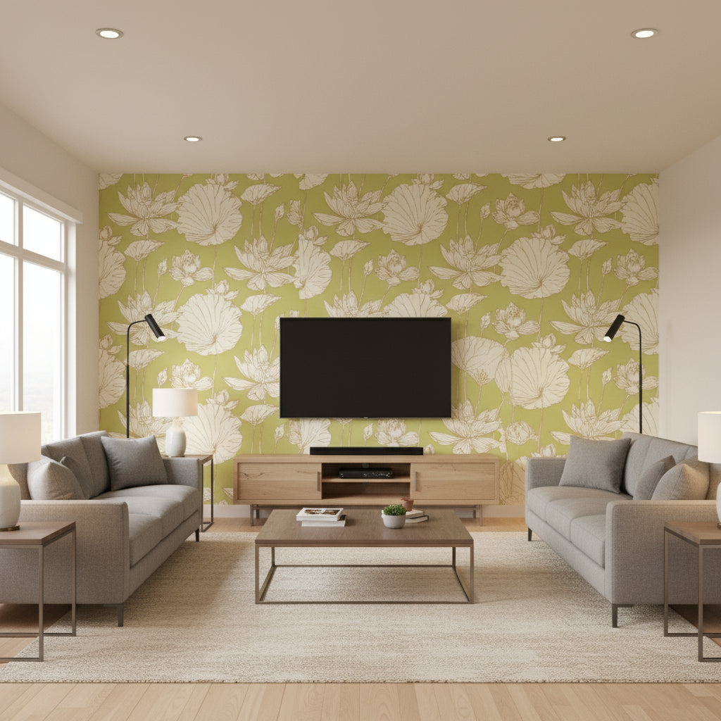 Rishiri Island Tropical Lilly | Architectural Wallcoverings - Living Room Visualization (AI-generated, may not be to scale. Verify pattern scale with product specifications.)